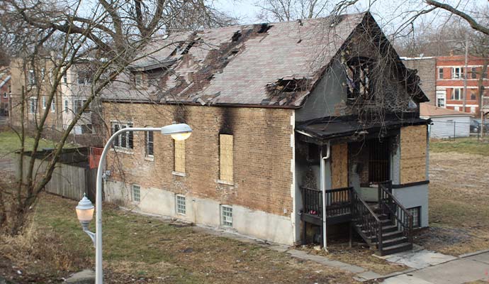 Fire damaged house with boarded up windows and burned roof