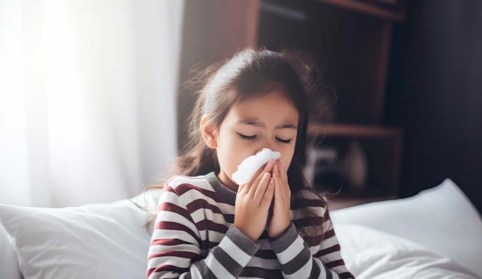 Young girl sneezing and wiping nose with tissue