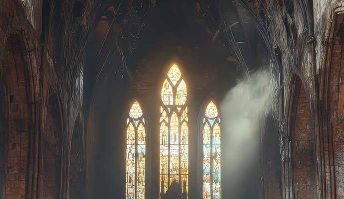 Smoke and soot damaged church