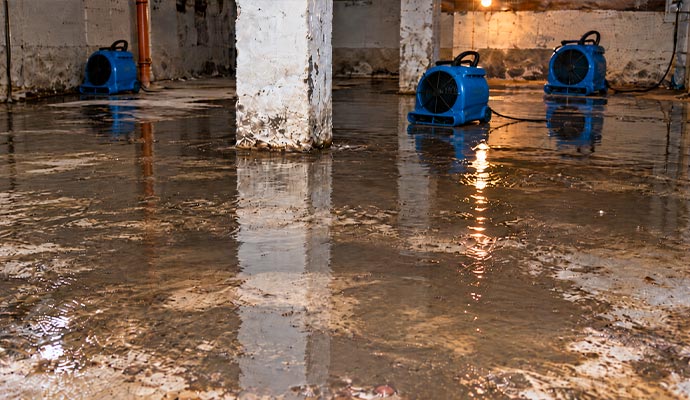 Standing water and air movers in flooded basement