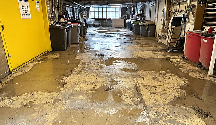Flooded garage interior with standing water on concrete floor