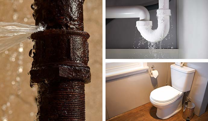 Water emergencies including burst pipe plumbing leak and toilet