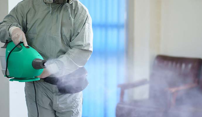 Technician in protective suit fogging smoke odor in residential room