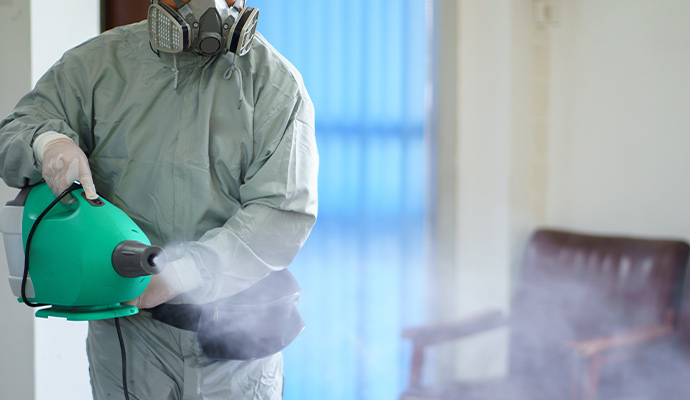 Technician using thermal fogger for smoke odor deodorization