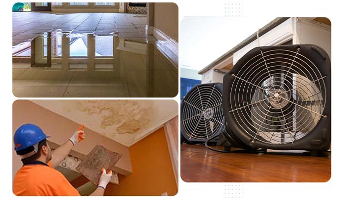 Water damage restoration process showing flooding, ceiling inspection, and drying equipment