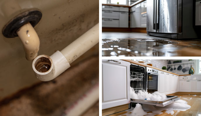 Collage of ac drain overflow, refrigerator, and dishwasher leak