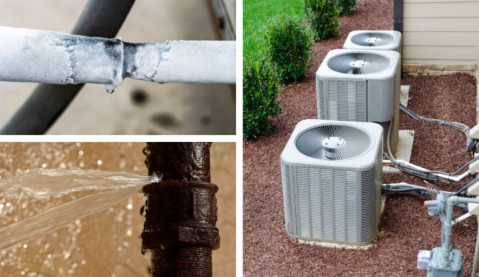 Collage of frozen pipe damage, burst pipe, and hvac discharge lines