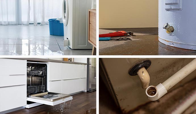 Collage of leaked washing machine, water heater, overflowing dishwasher and ac unit drain pipe