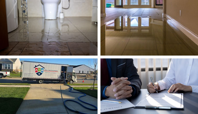 Collage of water damaged toilet floor, flooded floor, emergency response service and insurance claim discussion