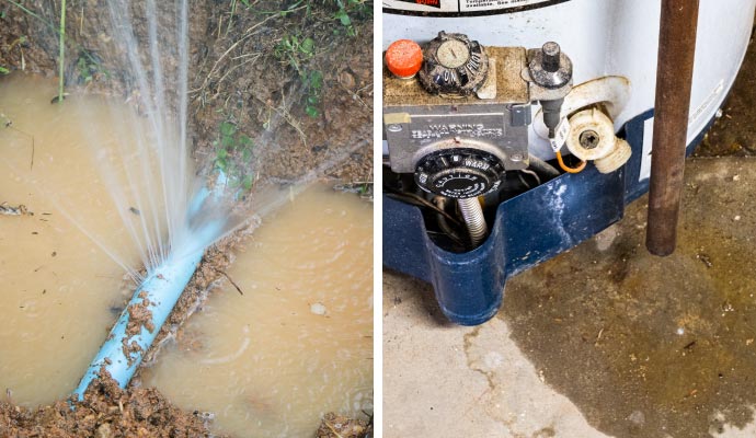 Collage of water pipe break and appliance leak
