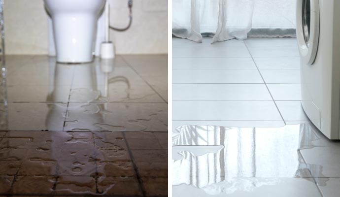 Collage of water pipe leak and appliance leak