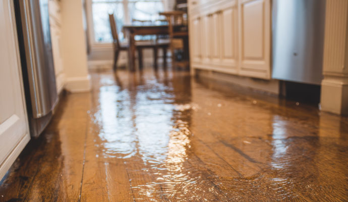 Flooded hardwood kitchen floor