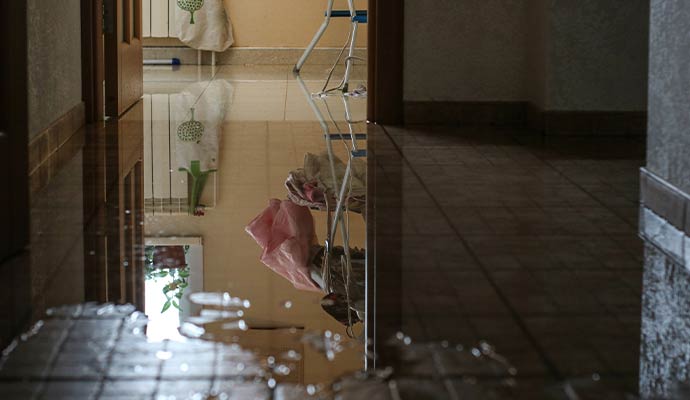 Standing water on the floor due to leaking HVAC discharge line