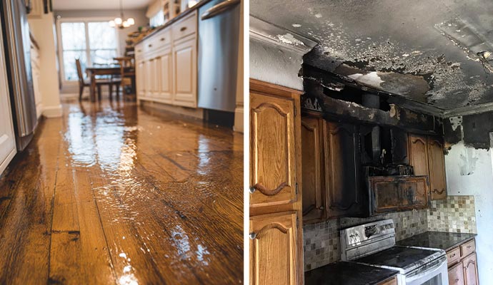 Water damaged room and fire damaged kitchen