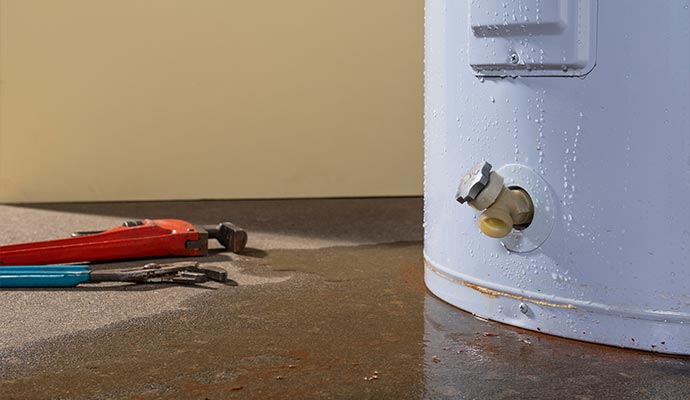 Leaking white water heater with a large puddle of water on a concrete floor and plumbing tools nearby