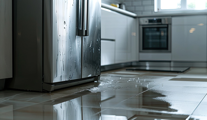 Water leaking from refrigerator onto kitchen tile floor
